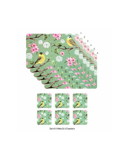 Green Polypropylene Printed Table Placemats With Coasters | Set of 6 | 12 x 18 inches