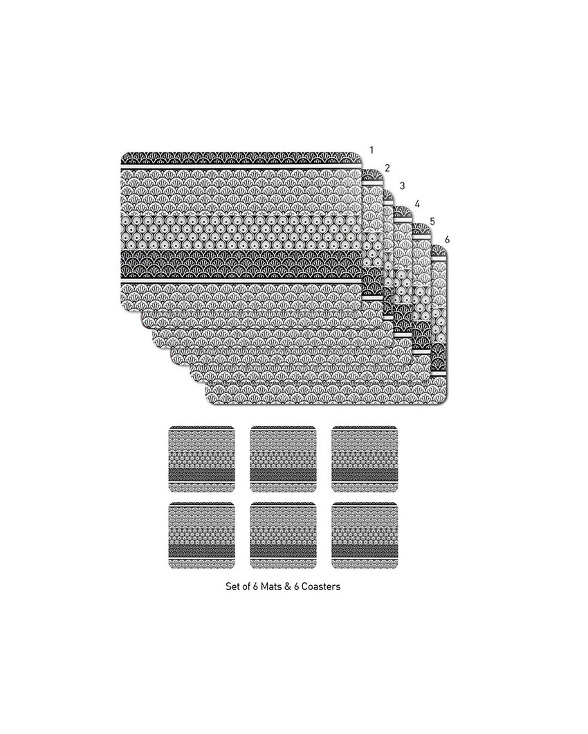 Black and Grey Polypropylene Printed Table Placemats With Coasters | Set of 6 | 12 x 18 inches