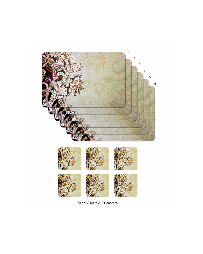 Gold Polypropylene Printed Table Placemats With Coasters | Set of 6 | 12 x 18 inches