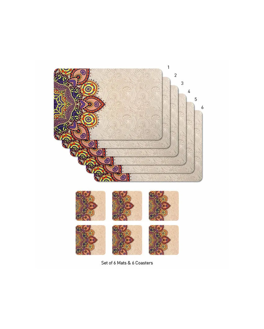 Beige Polypropylene Printed Table Placemats With Coasters | Set of 6