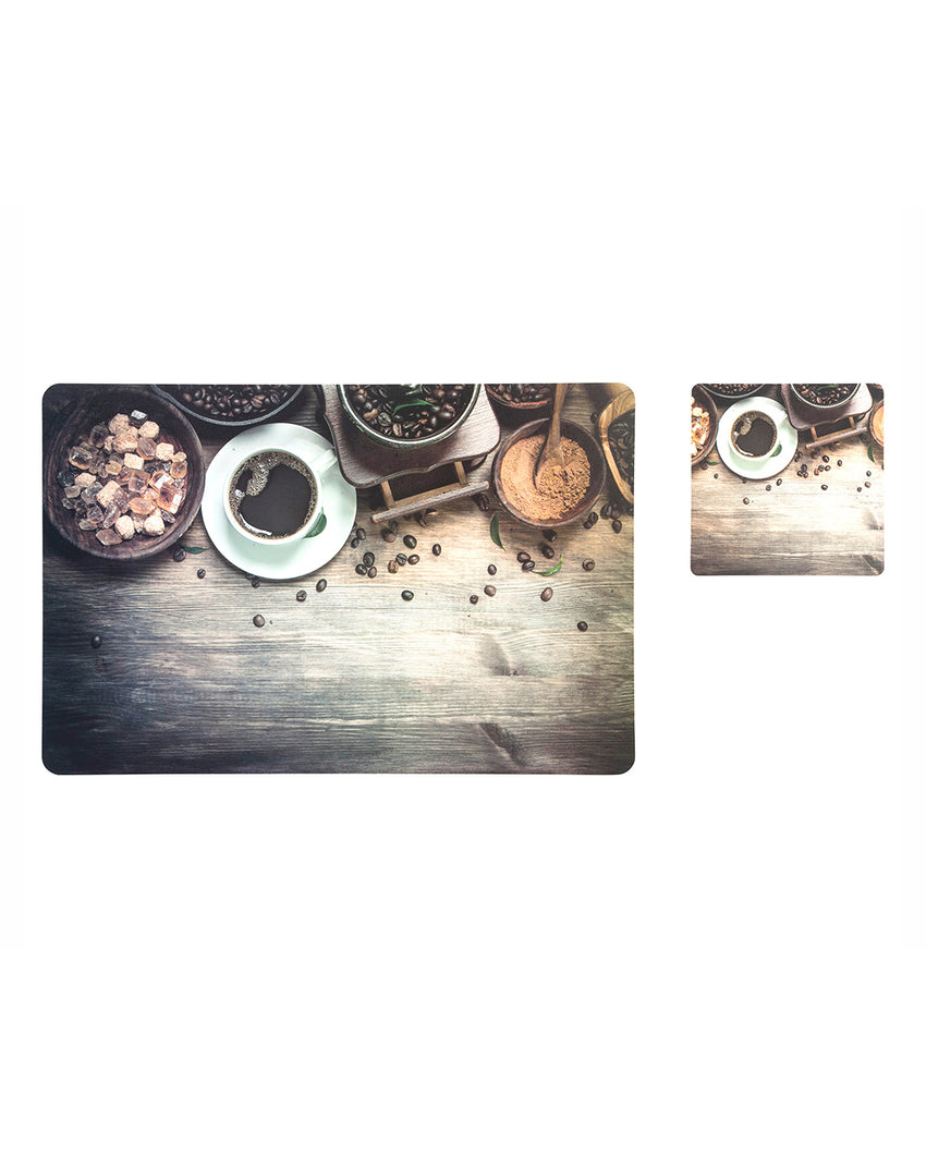 Chocolate Brown Polypropylene Printed Table Placemats With Coasters | Set of 6 | 12 x 18 inches