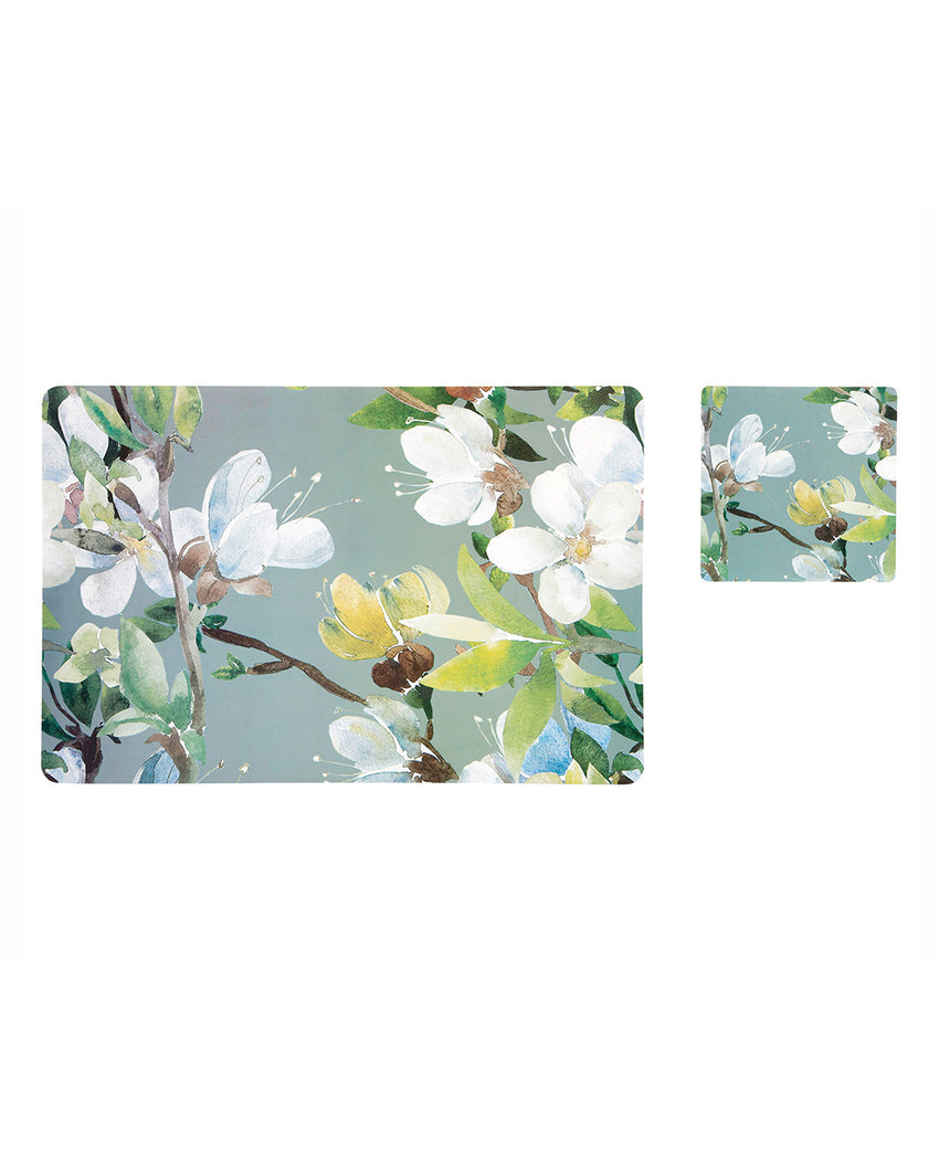 Grey and Green Polypropylene Printed Table Placemats With Coasters | Set of 6 | 12 x 18 inches