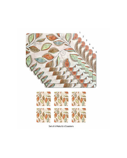 Beige And Rust Polypropylene Printed Table Placemats With Coasters | Set of 6