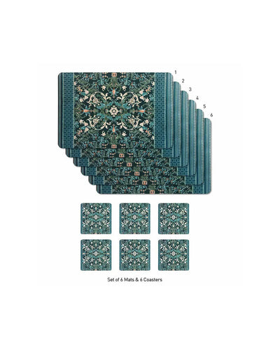 Teal and Grey Polypropylene Printed Table Placemats With Coasters | 12 Pieces