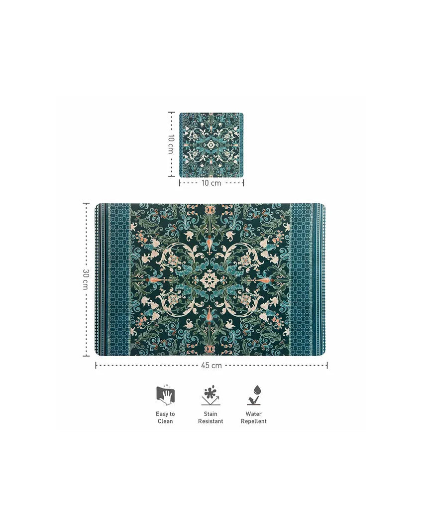 Teal and Grey Polypropylene Printed Table Placemats With Coasters | Set of 6 | 12 x 18 inches