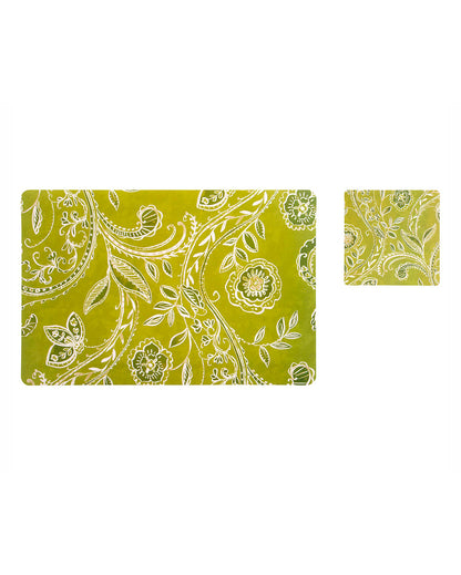 Green Polypropylene Printed Table Placemats With Coasters | Set of 6 | 12 x 18 inches