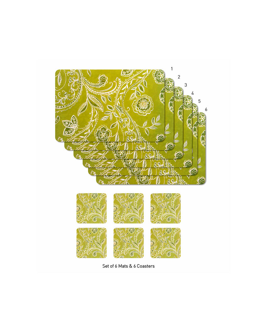 Green Polypropylene Printed Table Placemats With Coasters | Set of 6 | 12 x 18 inches