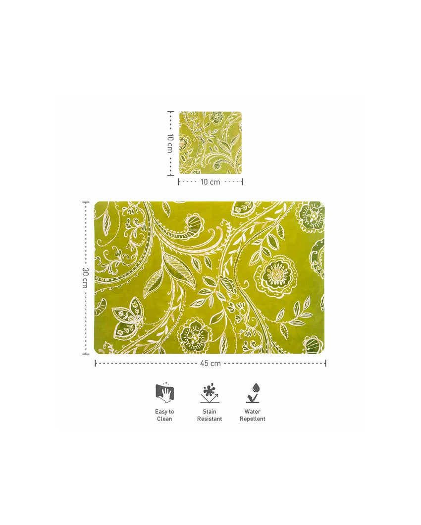 Green Polypropylene Printed Table Placemats With Coasters | Set of 6 | 12 x 18 inches