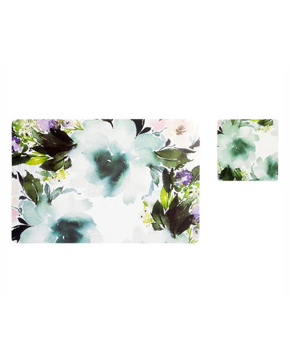 White and Green Polypropylene Printed Table Placemats With Coasters | Set of 6 | 12 x 18 inches