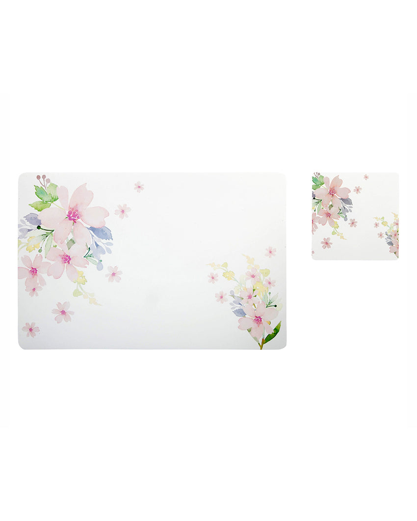 White and Pink Polypropylene Printed Table Placemats With Coasters | Set of 6 | 12 x 18 inches