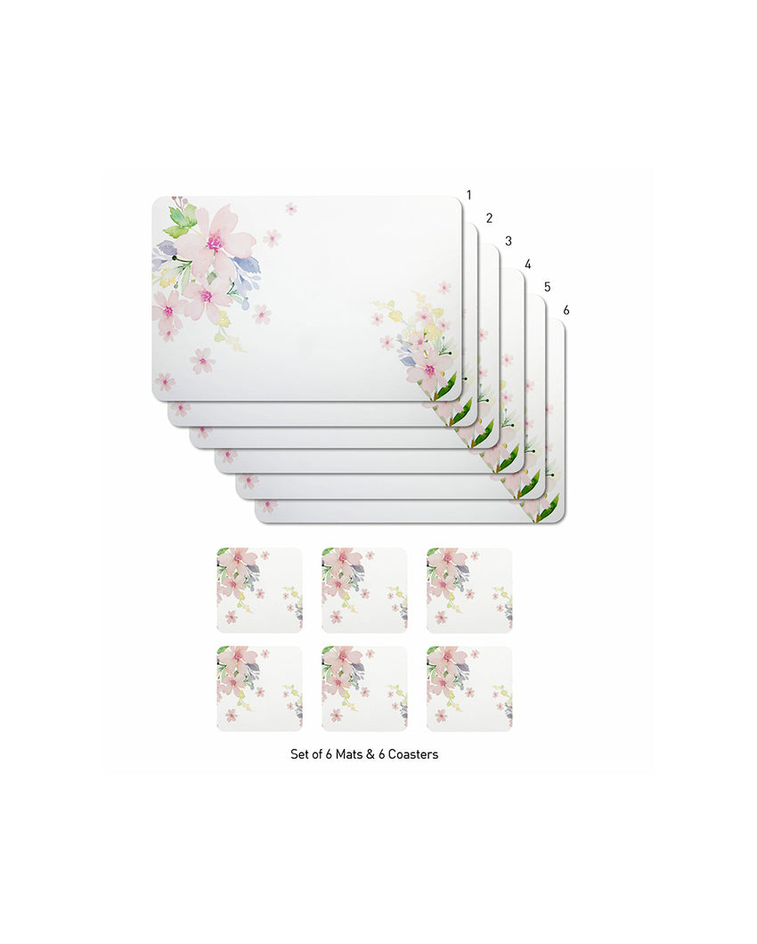 White and Pink Polypropylene Printed Table Placemats With Coasters | Set of 6 | 12 x 18 inches