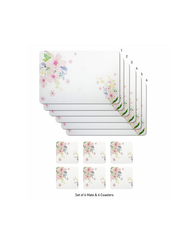 White and Pink Polypropylene Printed Table Placemats With Coasters | 12 Pieces