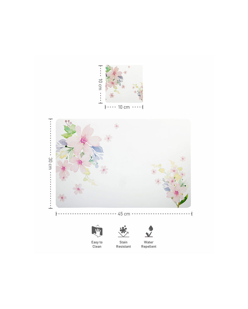 White and Pink Polypropylene Printed Table Placemats With Coasters | Set of 6 | 12 x 18 inches