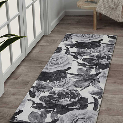 Elegant Dark Grey & Cream Polypropylene Floral Bedside Runner | 2 x 5 Feet