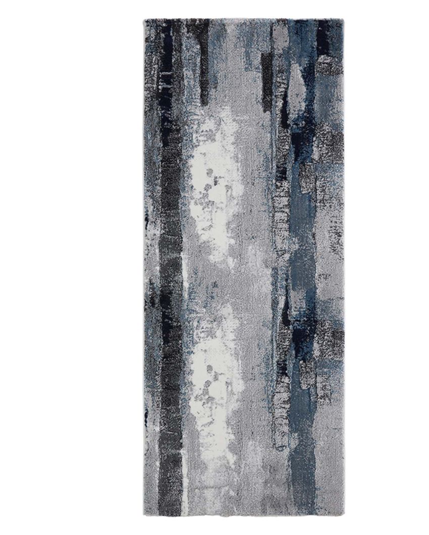 Contemporary Blue & Grey Polypropylene Abstract Bedside Runner | 2 x 5 Feet