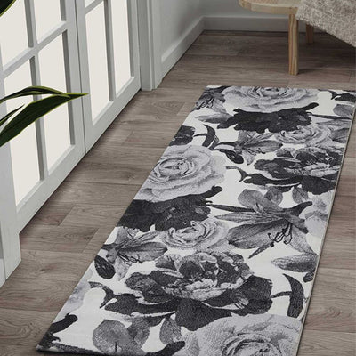 Elegant D.Grey & Cream Polypropylene Floral Bedside Runner | 2.5 x 5 Feet