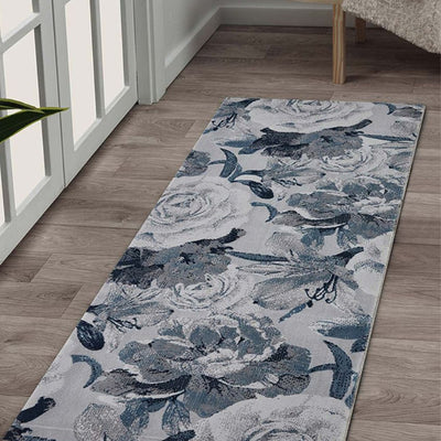 Chic Blue & Light Grey Polypropylene Floral Bedside Runner | 2.5 x 5 Feet