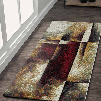 Chic Maroon & Cream Polypropylene Abstract Bedside Runner | 2 x 5 Feet