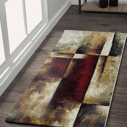 Elegant Maroon & Cream Polypropylene Abstract Bedside Runner | 2.5 x 5 Feet