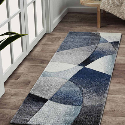 Stylish Blue & Dark Grey Polypropylene Abstract Bedside Runner | 2.5 x 5 Feet