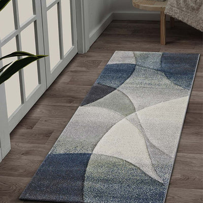 Trendy Blue & Cream Polypropylene Abstract Bedside Runner | 2 x 5 Feet