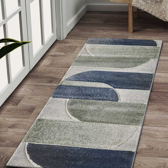 Trendy Olive & Blue Polypropylene Abstract Bedside Runner | 2.5 x 5 Feet