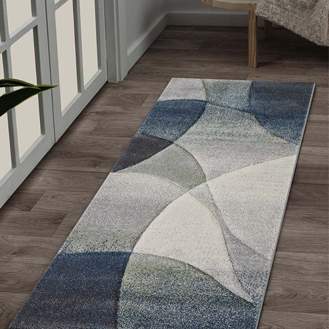 Modern Blue & Cream Polypropylene Abstract Bedside Runner | 2.5 x 5 Feet