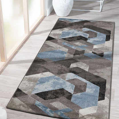 Trendy Blue & Brown Polypropylene Geometric Bedside Runner | 2 x 5 Feet