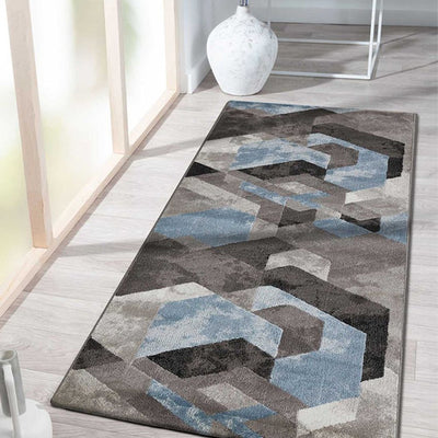 Stylish Blue & Brown Polypropylene Geometric Bedside Runner | 2.5 x 5 Feet