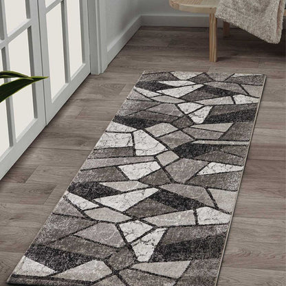 Modern Charcoal & Taupe Polypropylene Abstract Bedside Runner | 2.5 x 5 Feet