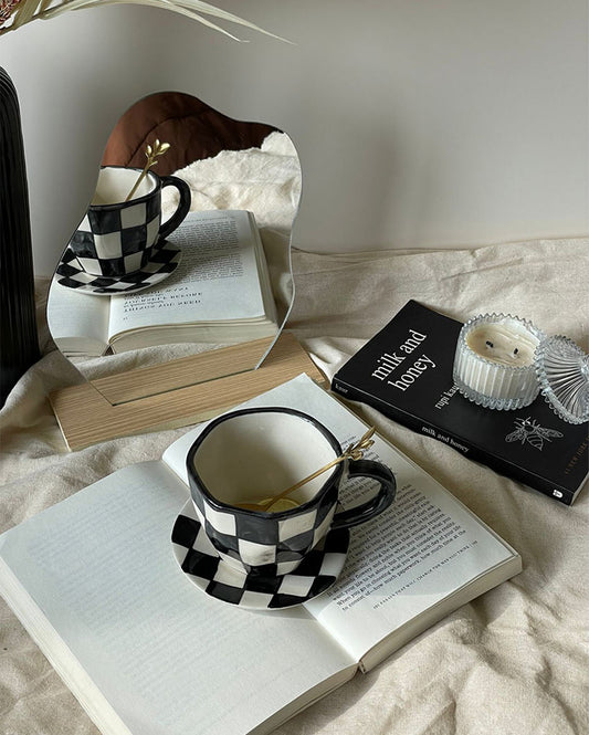 Checkered Design Ceramic Cup & Saucer