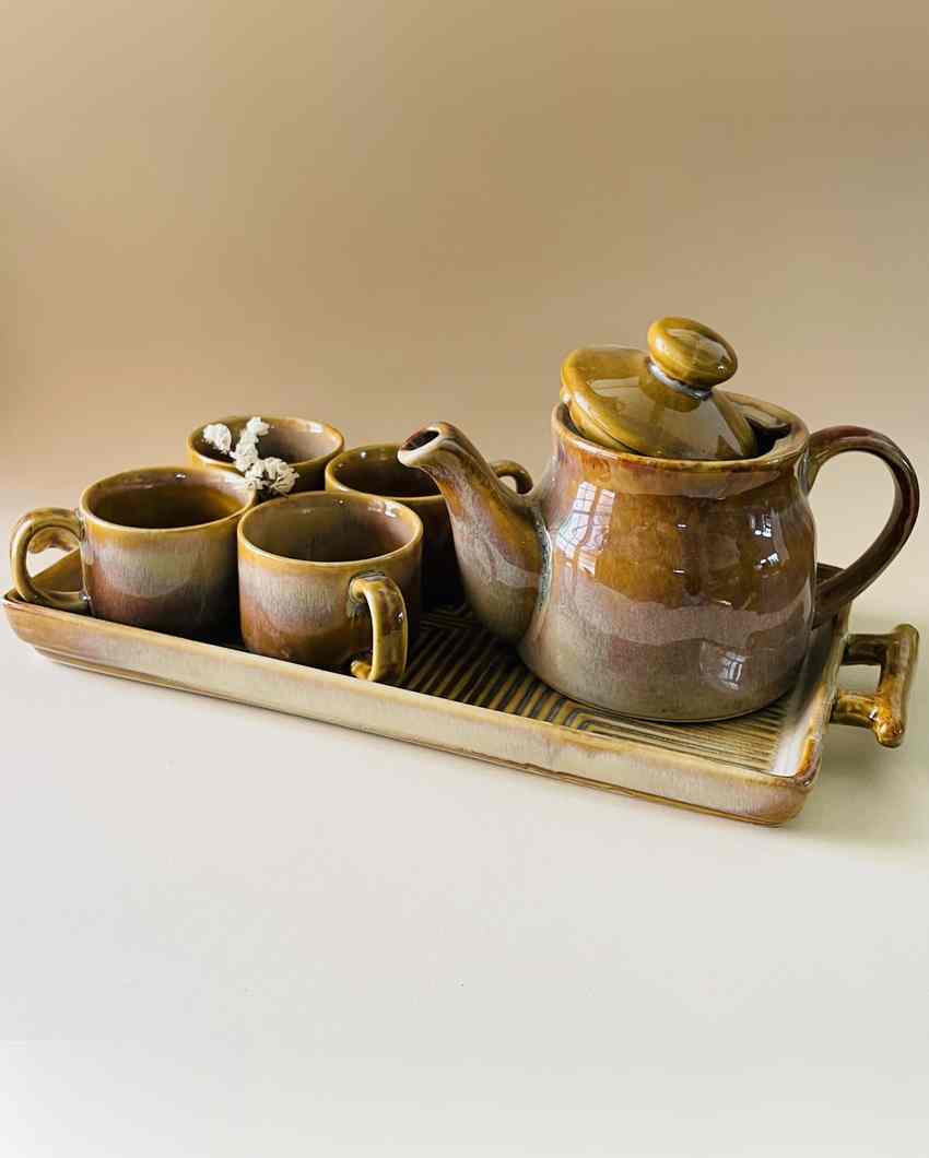 Radiant Mustard Tea Pot Familia Ceramic Combo | Set of 6