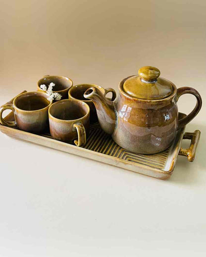 Radiant Mustard Tea Pot Familia Ceramic Combo | Set of 6