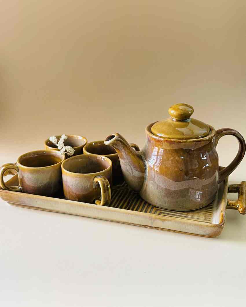 Radiant Mustard Tea Pot Familia Ceramic Combo | Set of 6