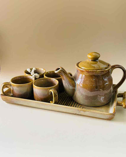 Radiant Mustard Tea Pot Familia Ceramic Combo | Set of 6