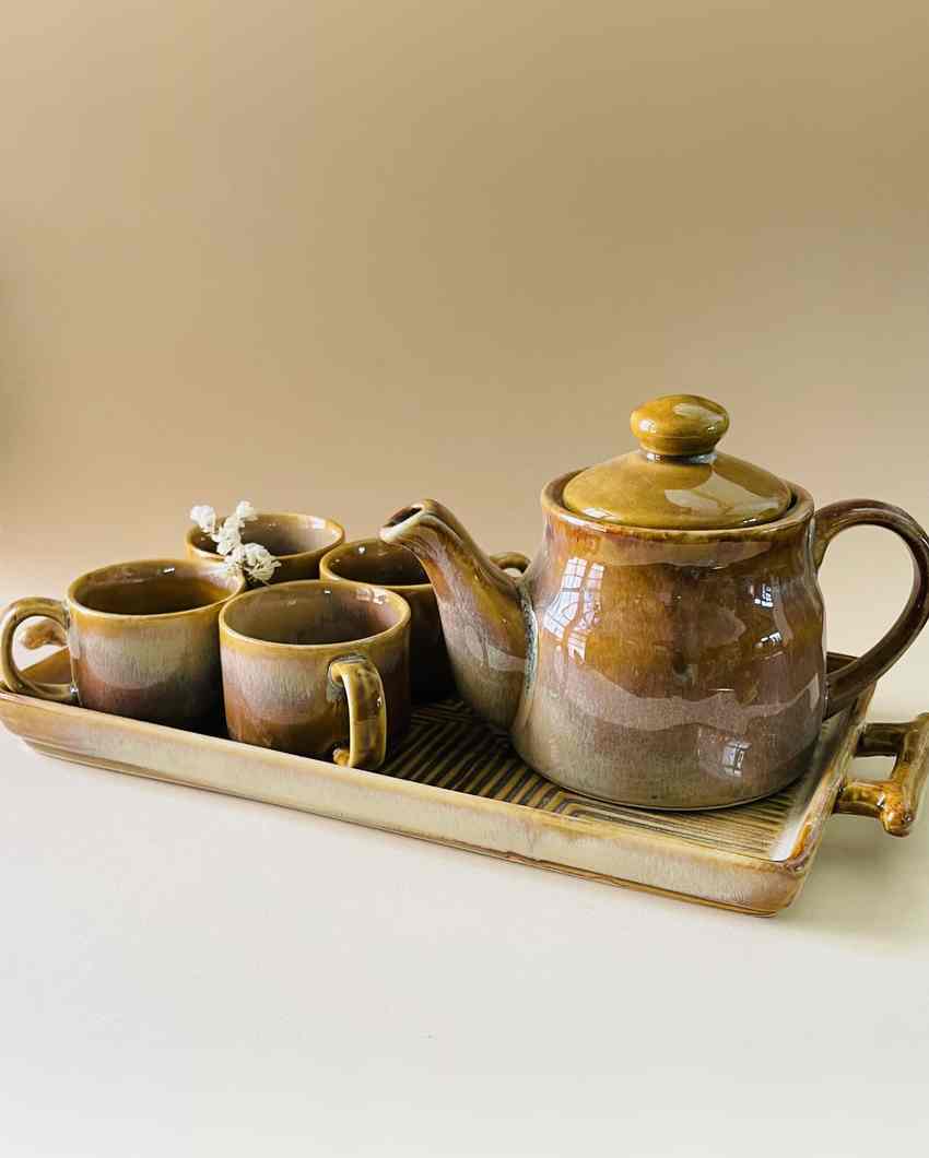 Radiant Mustard Tea Pot Familia Ceramic Combo | Set of 6