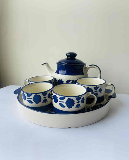 Elegant Blue and White Ceramic Tea Pot Combo | Set of 6