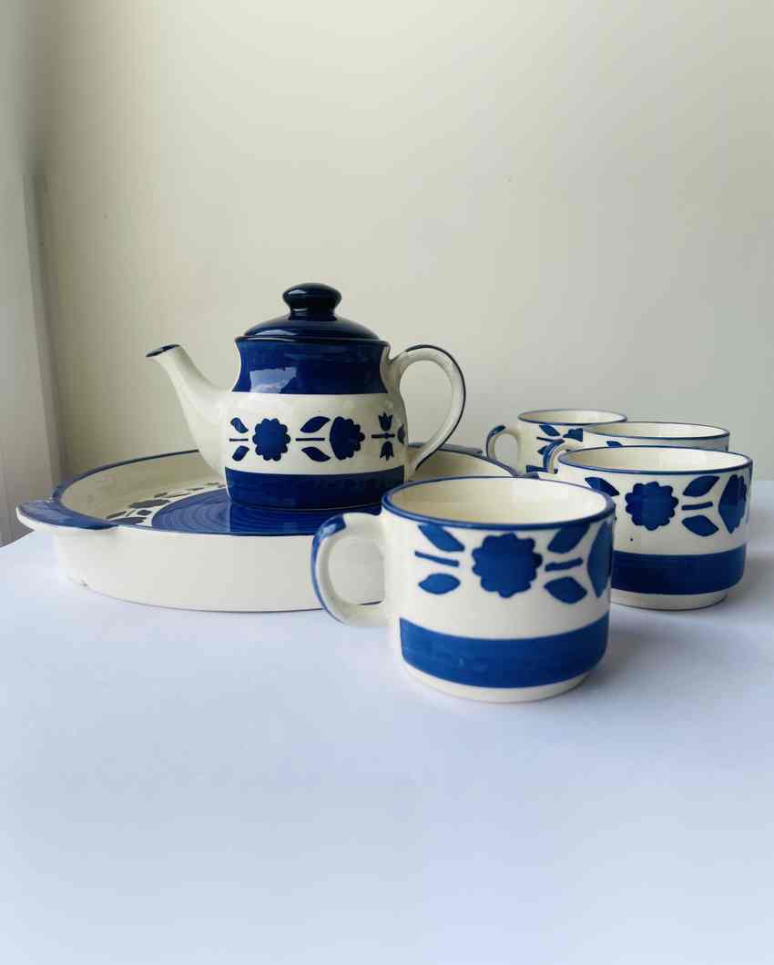 Elegant Blue and White Ceramic Tea Pot Combo | Set of 6