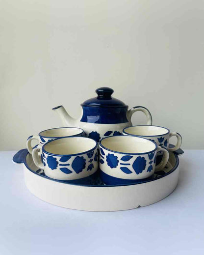 Elegant Blue and White Ceramic Tea Pot Combo | Set of 6