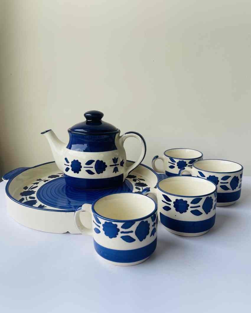 Elegant Blue and White Ceramic Tea Pot Combo | Set of 6