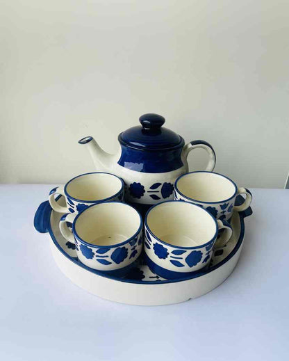 Elegant Blue and White Ceramic Tea Pot Combo | Set of 6