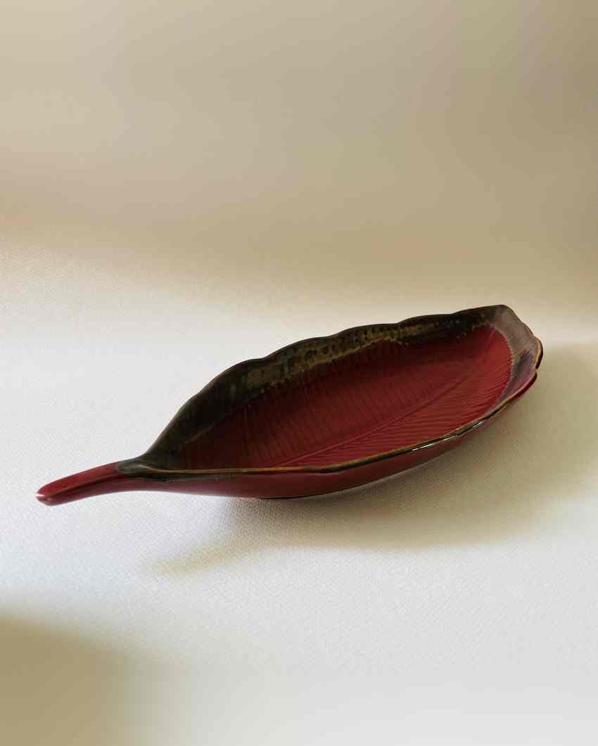 Bold Scarlet Leaf Platter Ceramic Unique Red | 14 x 14 inches