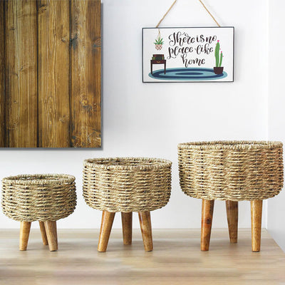 Jute Plant Stands With Wooden Legs & Metal Frame | Pack of 3