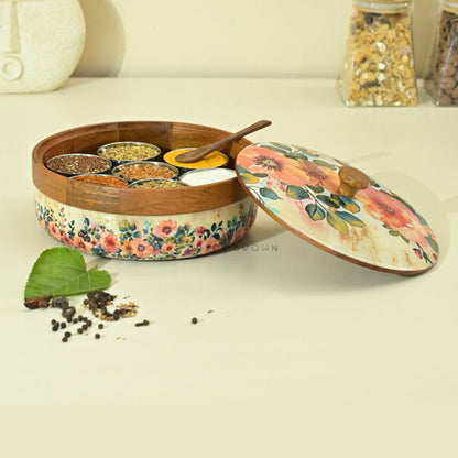 Pastel Flora Wooden Masala Box | 8.3 x 4.2 inches