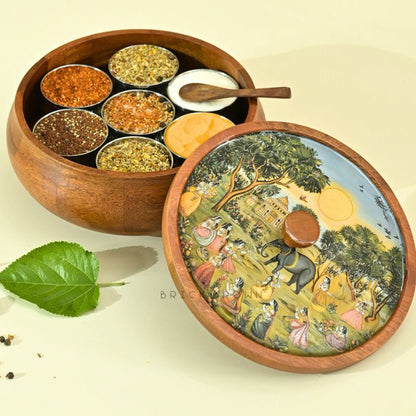 Saga Wooden Masala Box | 8.5 x 4.2 inches