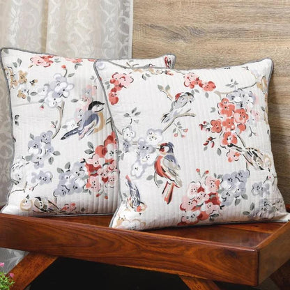 Grey Flowers & Birds Cotton Cushion Covers | Set of 2