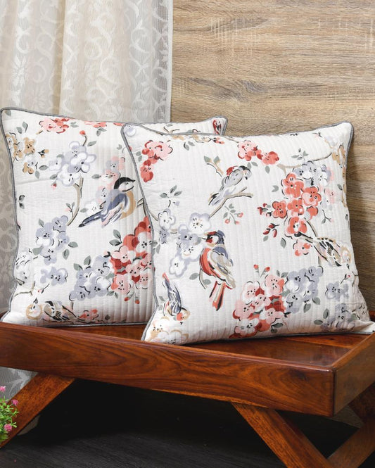 Grey Flowers & Birds Cotton Cushion Covers | Set of 2