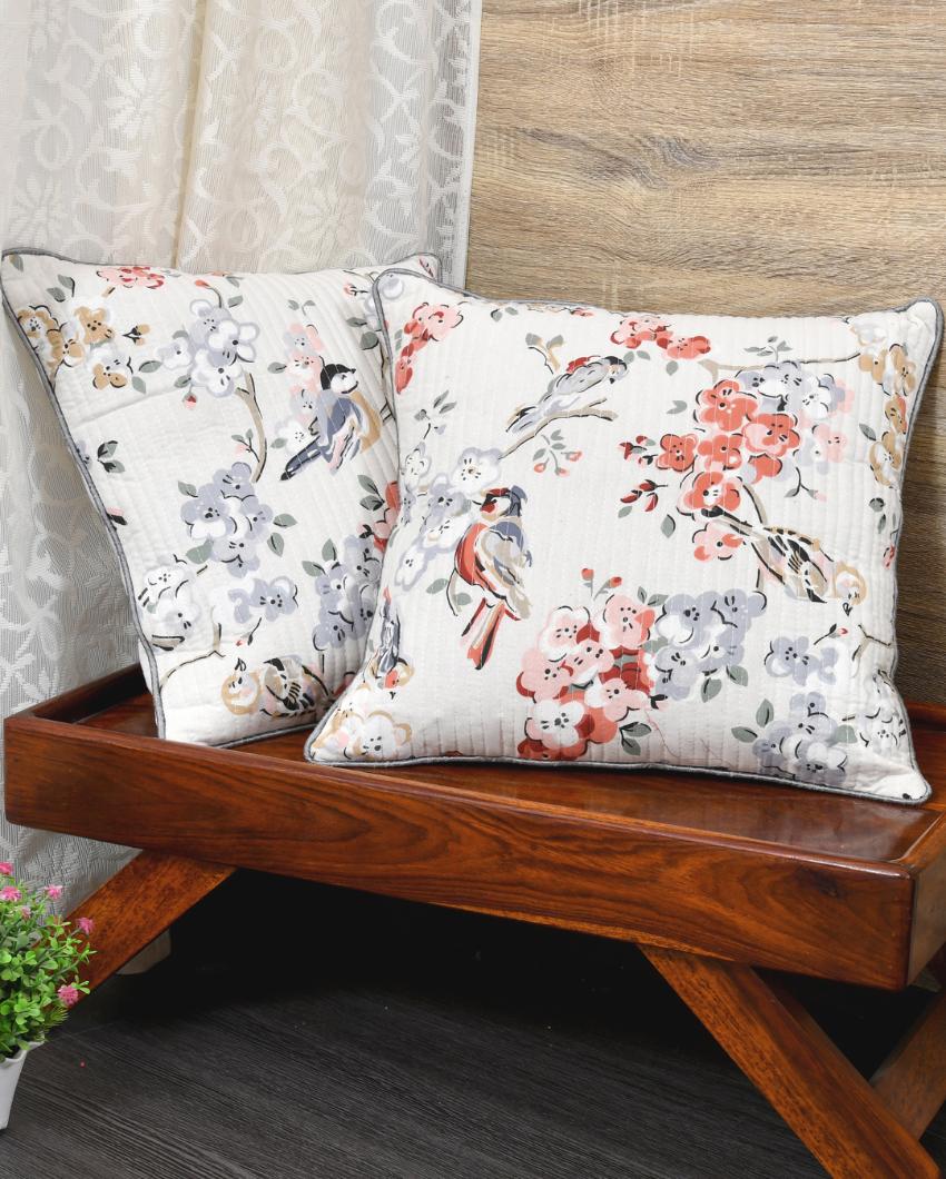 Grey Flowers & Birds Cotton Cushion Covers | Set of 2