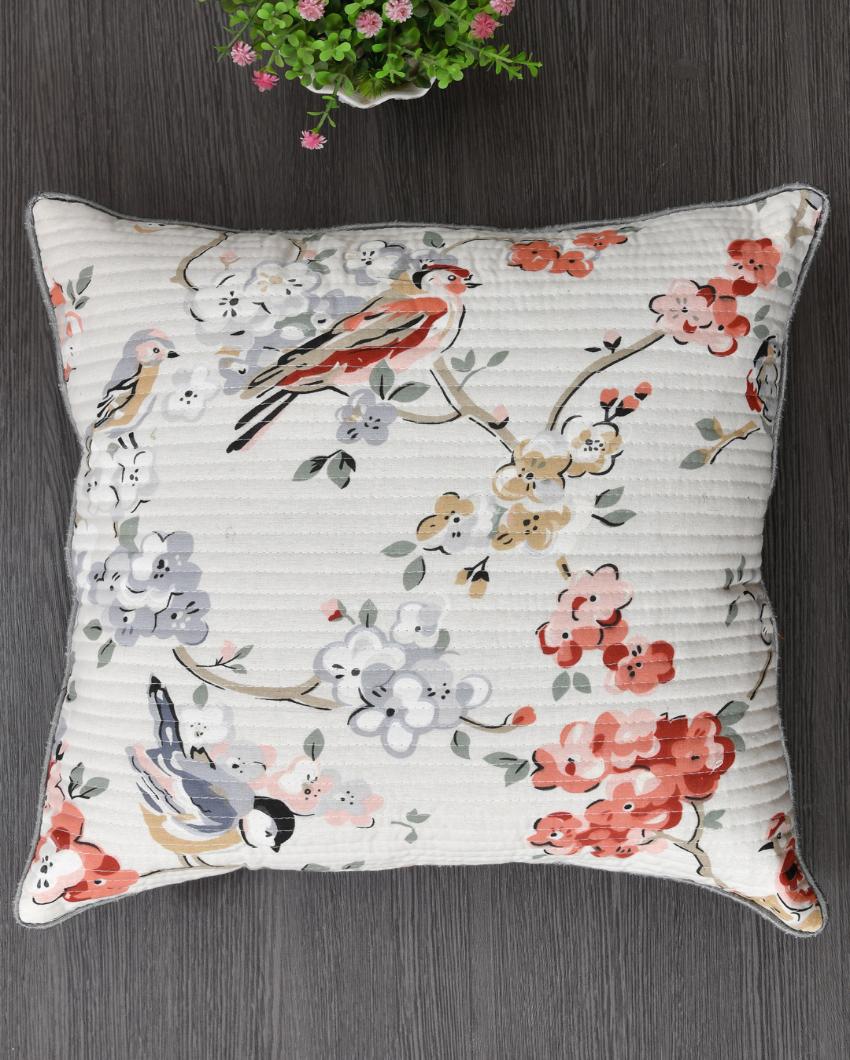 Grey Flowers & Birds Cotton Cushion Covers | Set of 2