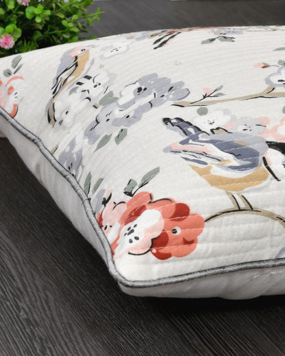 Grey Flowers & Birds Cotton Cushion Covers | Set of 2